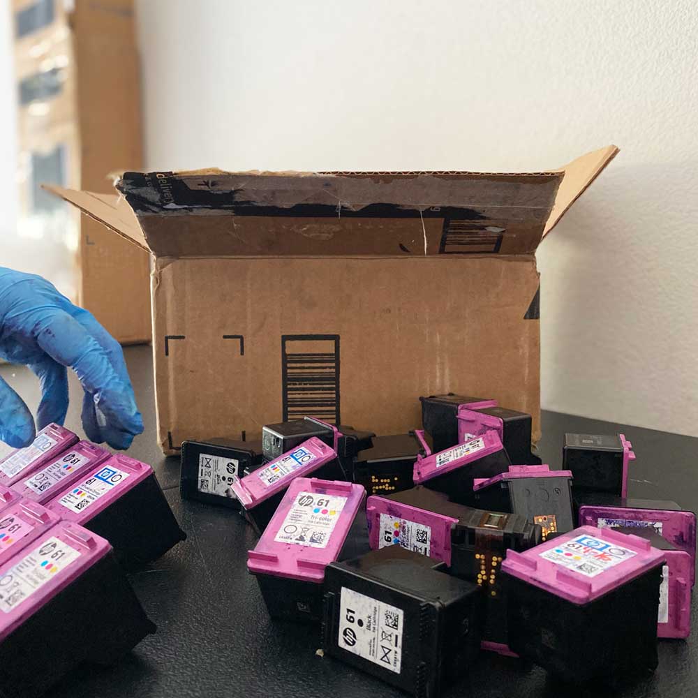 box of ink cartridges for recycling